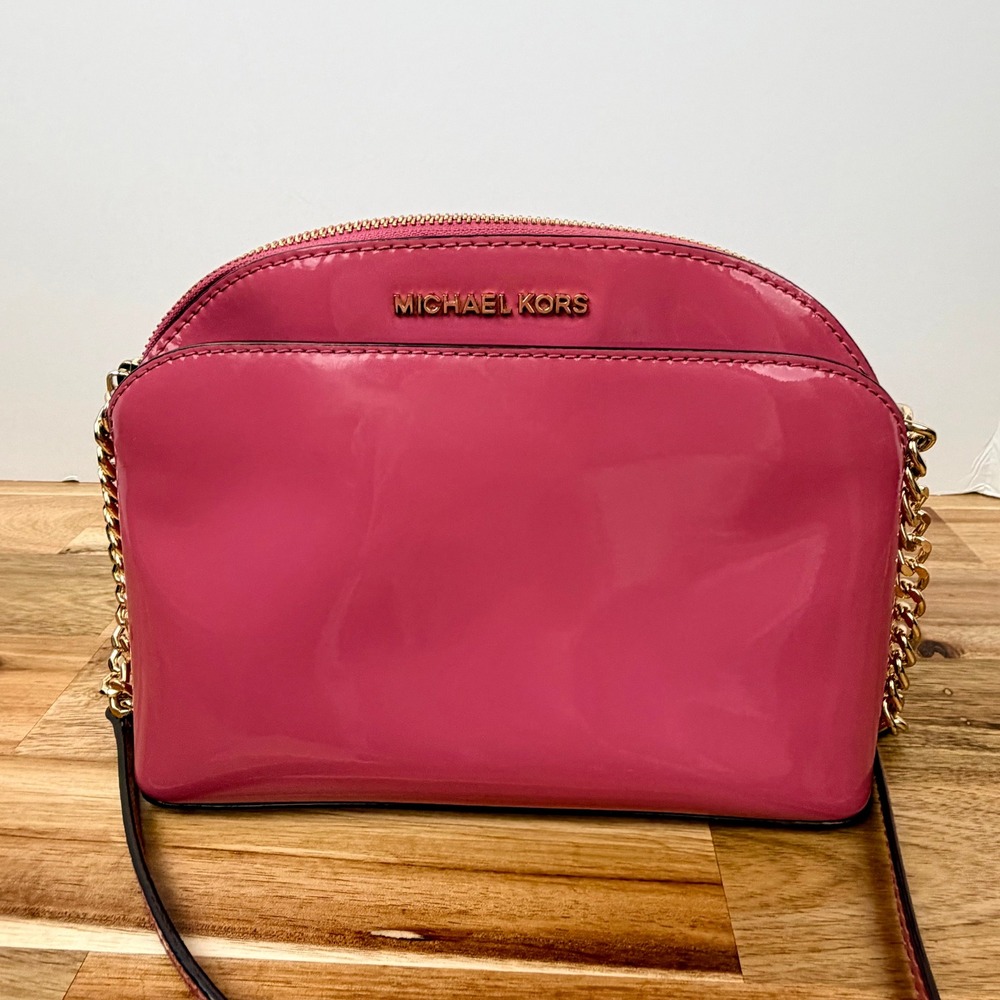Michael Kors Pink Patent Leather Dome Crossbody Bag Gold Chain Strap Small
